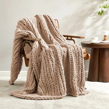 Chunky Knit Handmade Chenille Cable Knitted Crochet Throw Blanket, Beige-Amelie