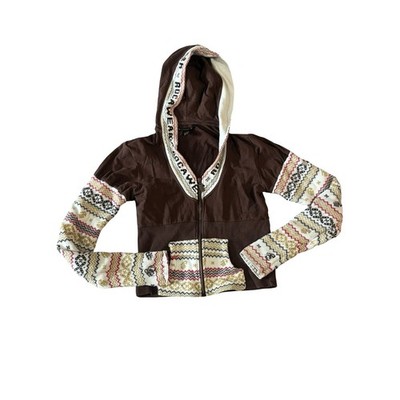 Y2K Rocawear Brown Mixed Media Fair Isle Zip Up Hoodie Sequin Logo Trim Large
