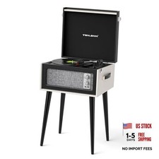 Vintage Standing Black Vinyl Record Player with Detachable Legs, Black White