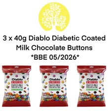 3 x 40g Diablo Diabetic No Added Sugar Milk Chocolate Buttons Stevia *BBE05/26*