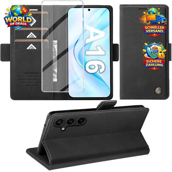 HandyhüLle Pu Leder Wallet Flip Case Schwarz Mit Schutzfolie FüR Galaxy A16 4G-image