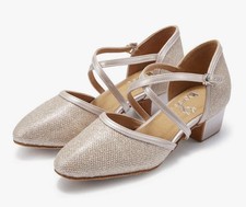 Gold Ballroom Dance Shoes 1.5  Block Heel Suede Sole EUC Ladies 6.5 Orig 49