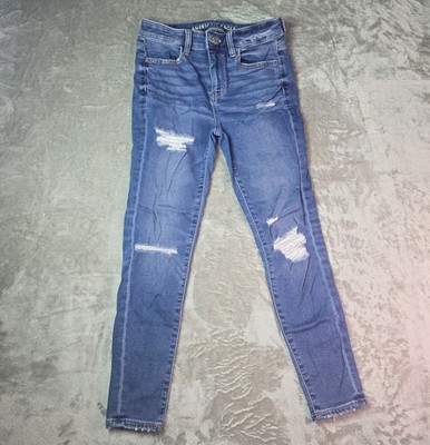 American Eagle High Rise Jegging Distressed Blue Denim Stretch Women's 4 Short