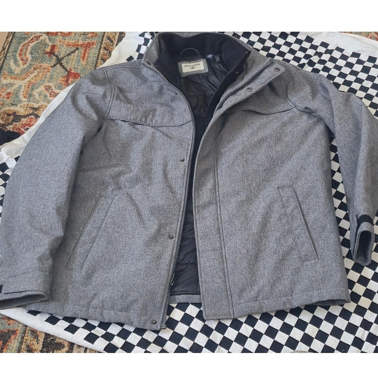 Dockers Mens XL Gray Quilted Lined Full Zip Snap Front Jacket Coat Heathered