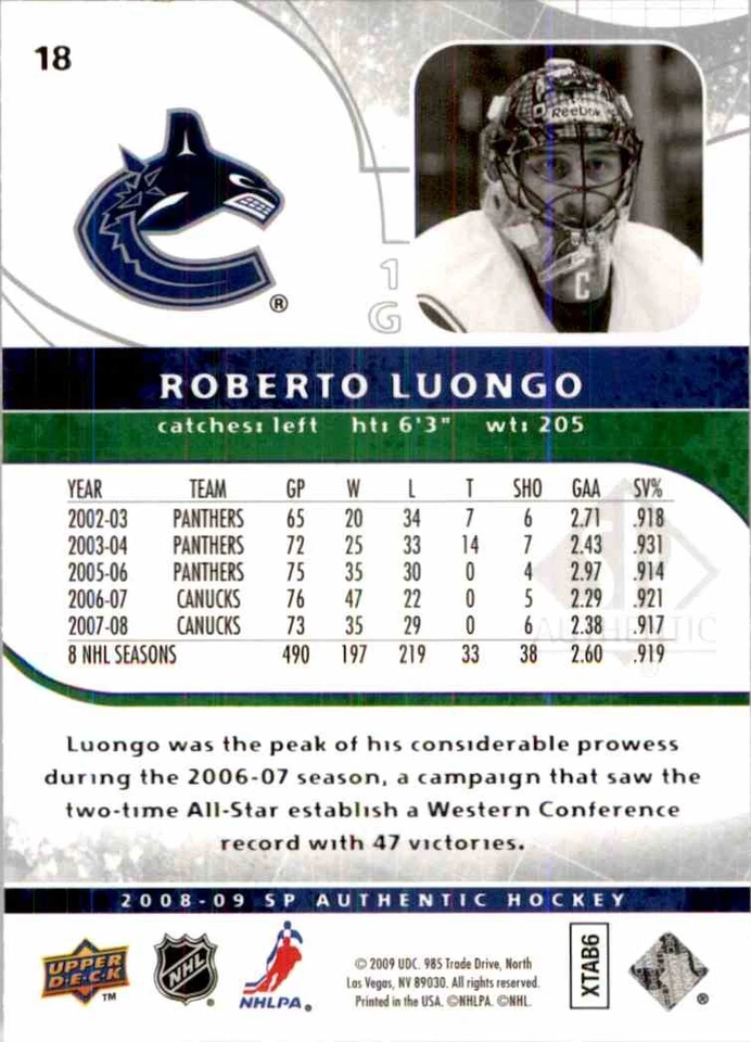 2008-09 Upper Deck SP Authentic Roberto Luongo #18 - Image 2 of 2
