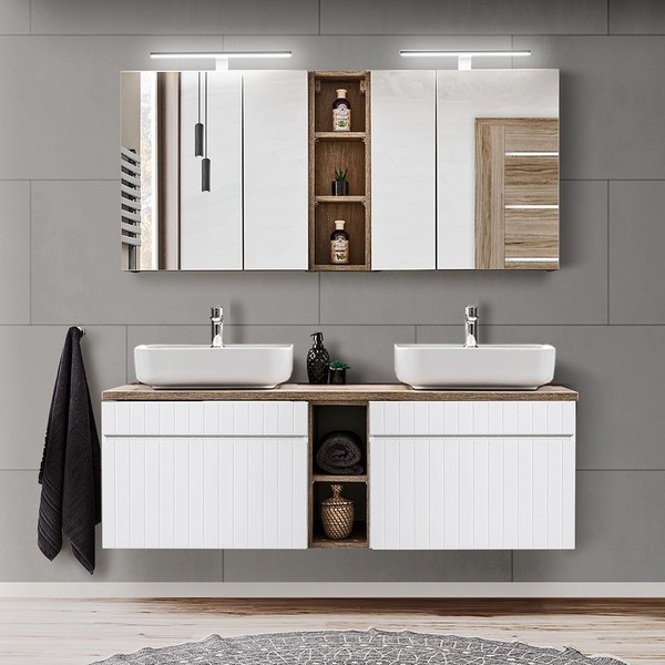 BadmöBel Waschplatz Set Doppelwaschtisch Weiß Matt Spiegelschrank Badezimmer Bad-image