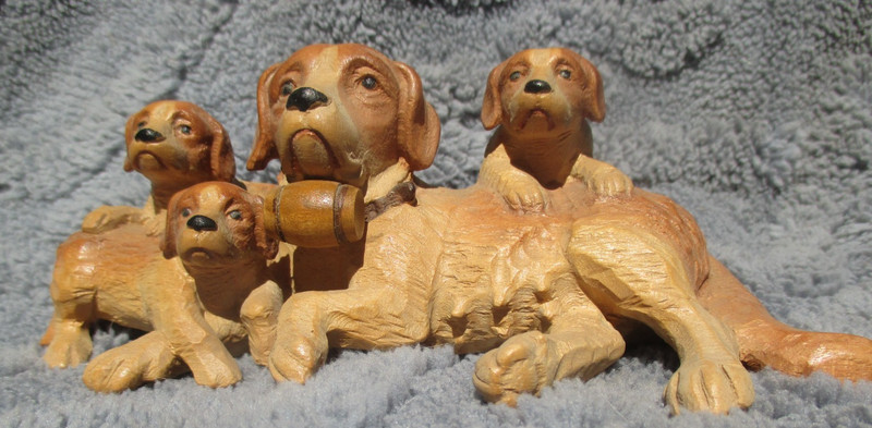 Black Forest carved wood St. Bernard DOG mom and three pups