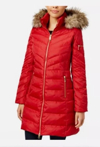 Cappotto invernale MICHAEL KORS donna MK rosso piumino imbottito con cappuccio bordo pelliccia sintetica taglia M