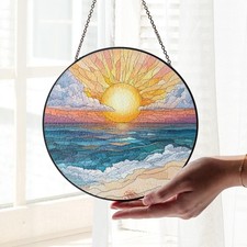 Ocean Sunset Stained Glass Suncatcher, Beach Window Hanging Decor, Coastal Sun
