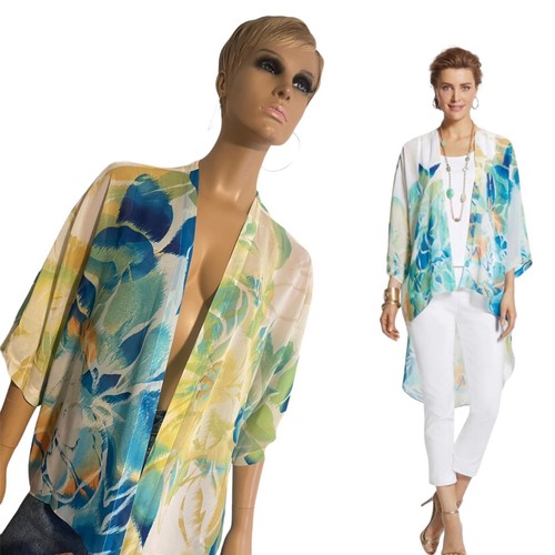 Neu mit Etikett Chico’s Kimono Blumendruck hoher niedriger Saum transparente Jacke mehrfarbig – Größe S/M