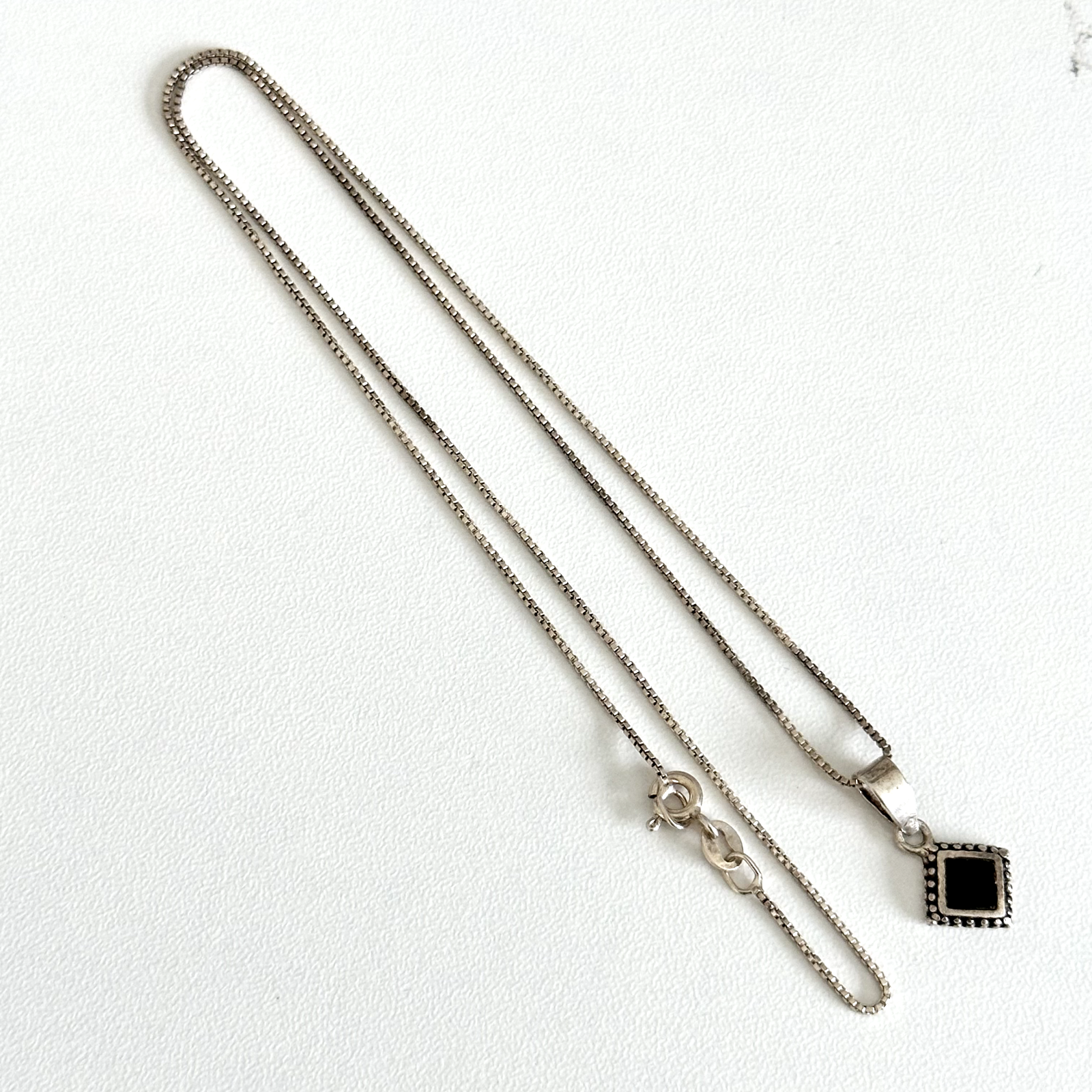 Vintage 925 Sterling Silver Black Onyx Pendant Chain Necklace 18 Inches