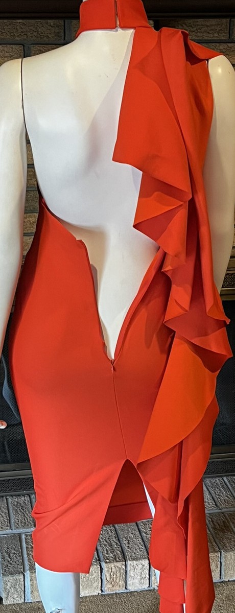 Solace London Amelle Orange Side Ruffle Draped Crepe Bodycon Dress NWT Size  US 4 | eBay