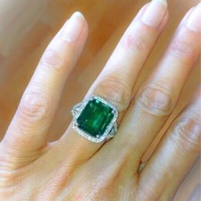 7.54 Ct Emerald Natural Emerald Diamond Engagement Ring 14K White Gold Size 8