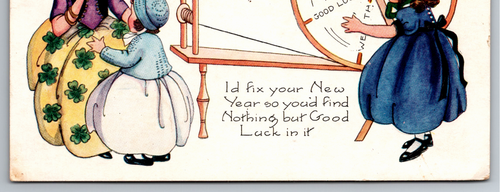 Happy New Year Postcard Gypsy Fortune Teller and Child Spinning Wheel 1920s - Picture 6 of 6
