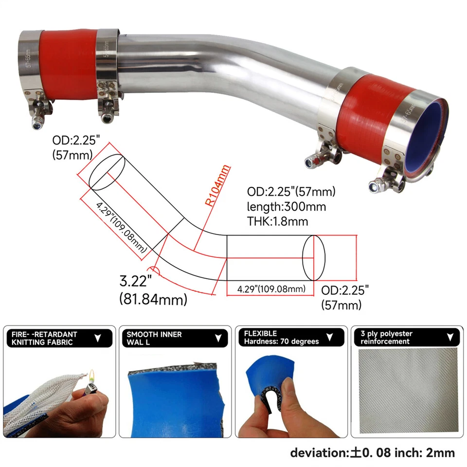 Tubo intercooler turbo de aluminio 45 grados 57 mm 2,25" + manguera de silicona + abrazadera roja Foto 2 de 4