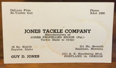 Vtg Business Card Guy JONES TACKLE CO Spoons Fly Fishing Bozeman MT Payette ID