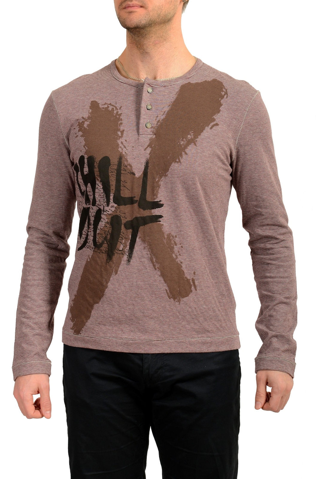 Exte Mens Multi-Color Striped Logo Print Long Sleeve Henley T-Shirt US S IT 48 5890₽