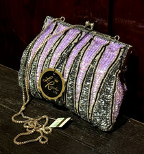 VINTAGE LA REGALE LTD. ORNATE BEADED EVENING CLUTCH BAG W/METAL SHOULDER CHAIN