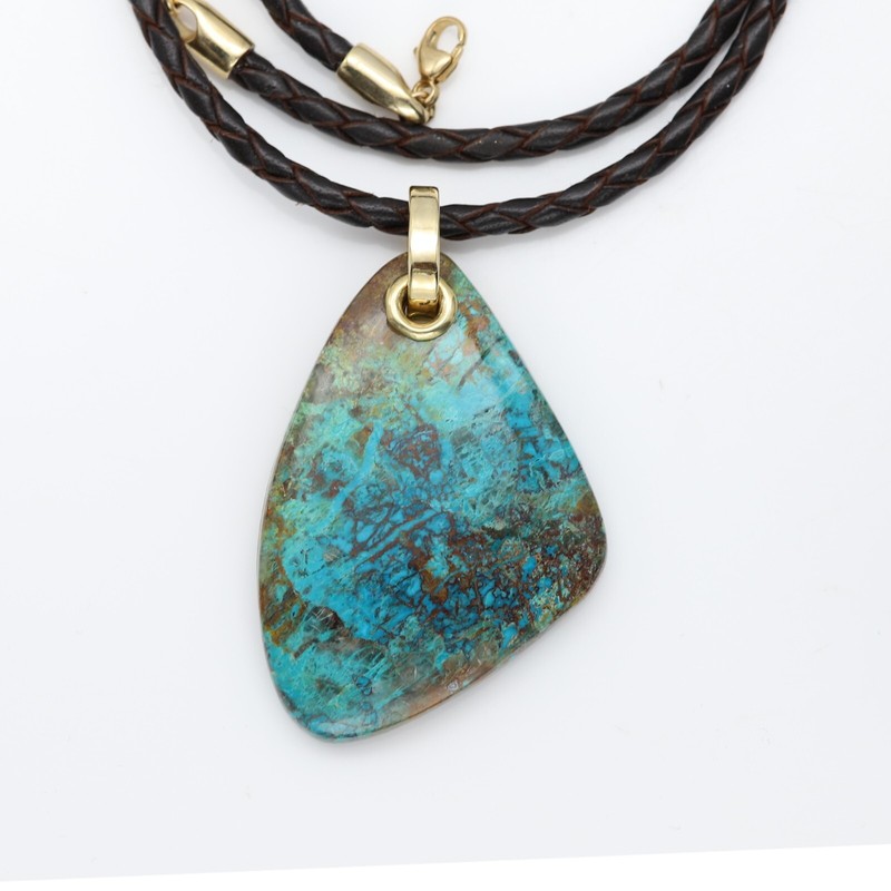 14k Chrysocolla Necklace Natural Green Stone 14K Yellow Gold & Leather Cord