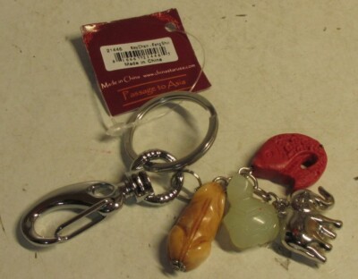 Stone Carved Chinese Feng Shui Key Chain Ring Frog Fish Turtle Elephant Silver