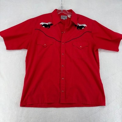 Ely Diamond Mens Red Western Shirt Embroidered Horses Pearl Snap Short Sleeve L