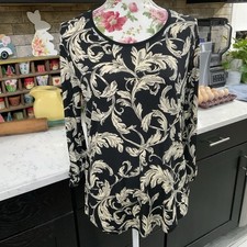 Susan Graver Liquid Knit Tunic Top Womens S Black Cream Artsy Boho Stretch