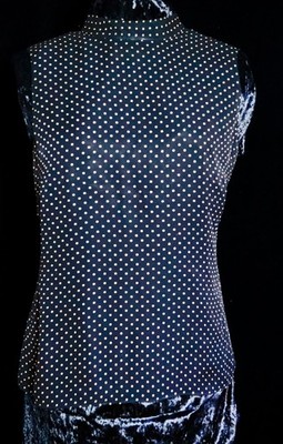 Rena Rowan 100% Silk Blouse Black Beige Dot Print Sleeveless Women s 8 Y2K