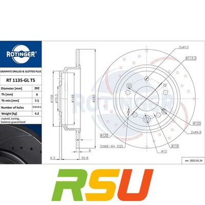 2x Rotinger Bremsscheibe GRAPHITE DRILLED & SLOTTED PLUS RT 1135-GL T5