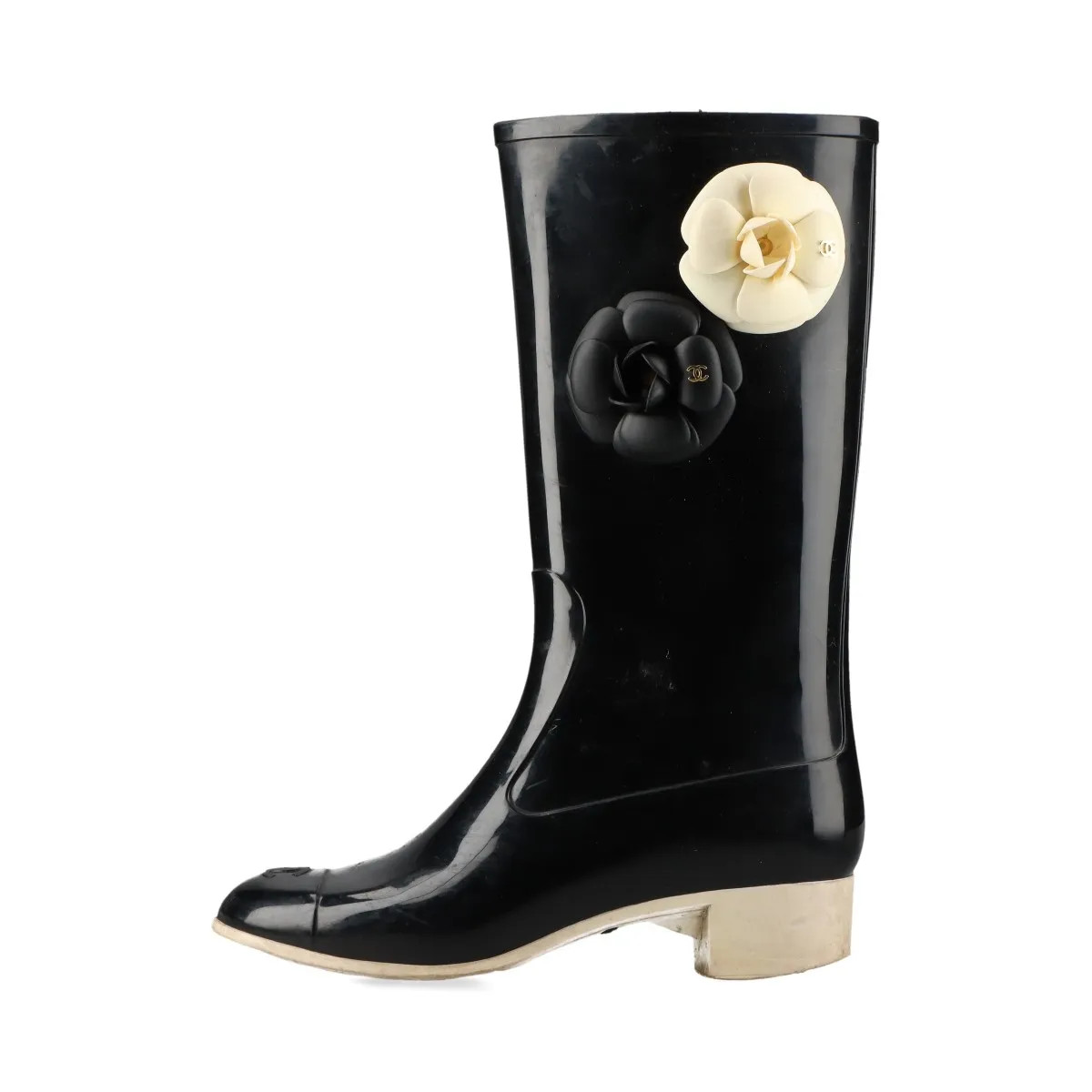 Chanel Coco Mark Camelia 10P Rubber Rain boots 38 Ladies' Black x ivory G26648 W