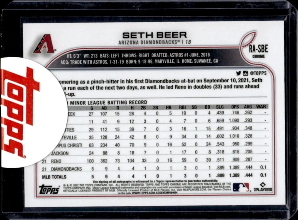 2022 Topps Chrome Seth Beer Rookie Auto RC Rookie #RA-SBE Diamondbacks - Image 2 of 2