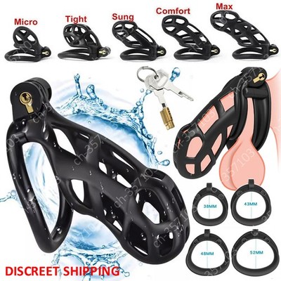 Male Chastity Cage Lock Device Kit W/ 4 Rings Virginity Device 5 Sizes Curve US