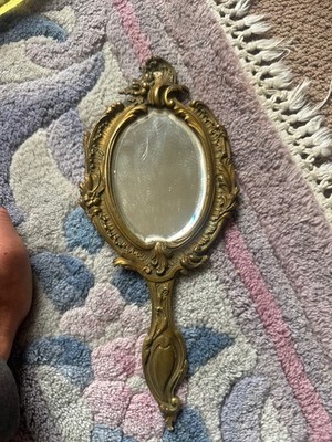 Vintage Brass Hand Mirror Art Nouveau Rococo Vanity Heavy Cast Metal floral
