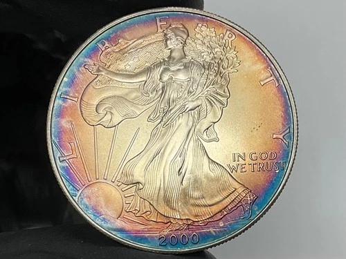 2000 American Silver Eagle 1oz MONSTER Bullseye 🎯 🌈 Toning Toned Toner Rainbow