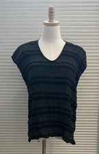 Eileen Fisher Organic Cotton Green & Brown Hi-Lo Boxy Striped Blouse S/M