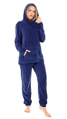 i-Smalls Damen Fleece Schlafanzug mit Kapuze super warm und flauschig Lounge & Night Set