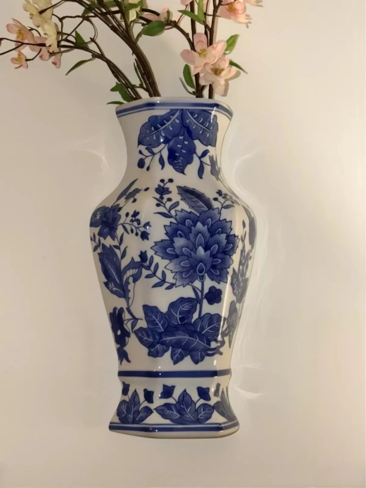 Jarrón de pared de cerámica Chinoiserie azul y blanco Formalities 14-porcelana Foto 4 de 4