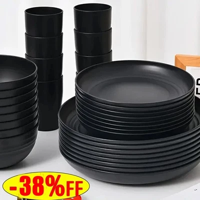 Black Dinnerware Bowl Plates PP Round Dinner Set Tableware 32PCS/SET
