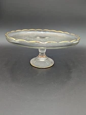 1950's Jeanette Vtg Harp Pedestal Cake Stand Plate 10"Depression Glass Gold Trim