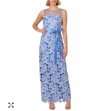 New Adrianna Papell Womens Illusion Neck Tonal Lace Gown Dress, Blue Sz 8 NWT
