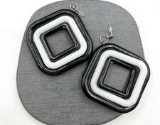 Black White Geometric Square Drop Earrings Retro Mod Statement Dangle Pierced