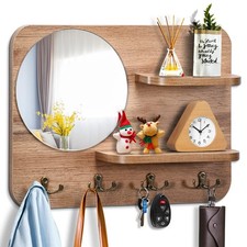 Wooden Key Rack with Mirror, Shelf and 4 Key Hooks for Rustic Entrances, Hall...