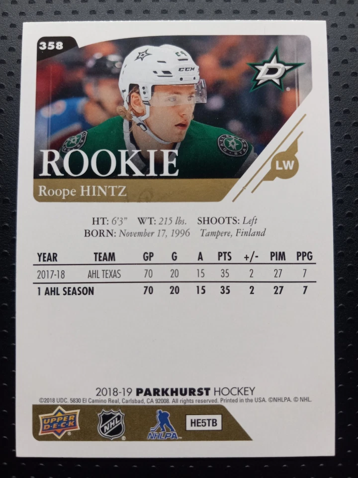 2018-19 Upper Deck Parkhurst Rookie #358 Roope Hintz Rookie Card  - Image 2 of 3