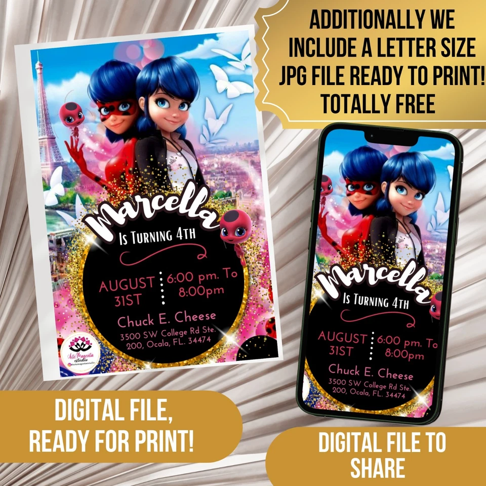 Invitación Digital Personalizada Ladybug Invitación Digital, Fiesta de Cumpleaños Niña Foto 4 de 4