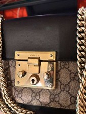 Gucci GG Padlock Small Shoulder Bag Beige Black Push Lock Chain Strap Gold