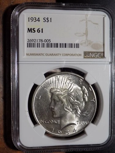 1934-P Peace Silver Dollar - NGC MS61 - Nice BU!