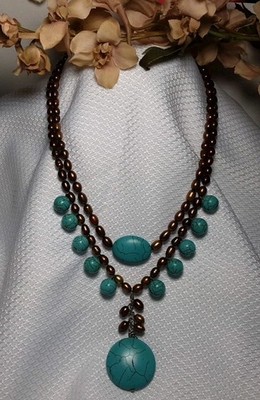 Necklace Double Stand Faux Turquoise Howlite Stone Copper Beads Dangles 21.5'' 
