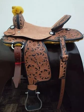 Leather Western Barrel Hand Carved Saddle with set & Size- 15".