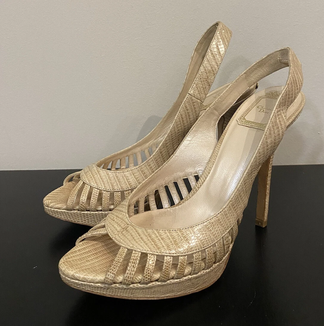 ESCARPINS TALON DÉCOUPÉ EN PEAU DE SERPENT BEIGE CHRISTIAN DIOR 37,5
