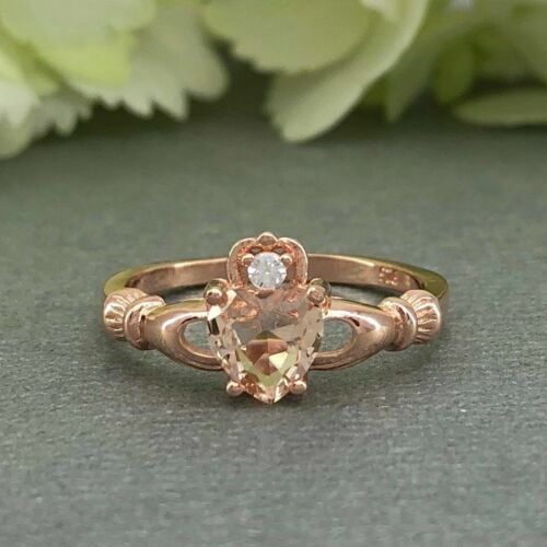 1Ct Heart Cut Peach Morganite Claddagh Design Engagement Ring 14k Rose Gold Over