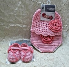 Pink Crocheted Hat Booties and Diaper Cover Set with Flower for Infant Girls NIP